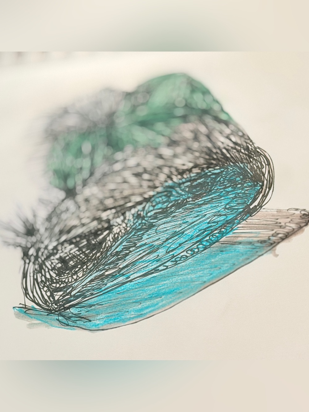 Abstract Blue-Green Ink & Colored Pencil Artwork 9x12